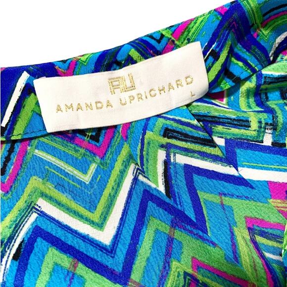Amanda Uprichard Silk Chevron Pint Long Sleeve Tunic Blouse Top Blue Green Large - Picture 4 of 7